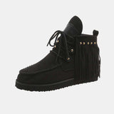 Fringe Studded Round Toe Canvas Boots - Trendsi - Flyclothing LLC