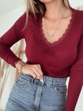 Lace-Trimmed Ruched Detail Long Sleeve T-Shirt - Trendsi - Flyclothing LLC