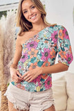 BiBi Floral Puff Sleeve One Shoulder Top - Trendsi - Flyclothing LLC