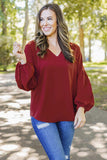 Ruched Notched Balloon Sleeve Blouse - Trendsi - Flyclothing LLC