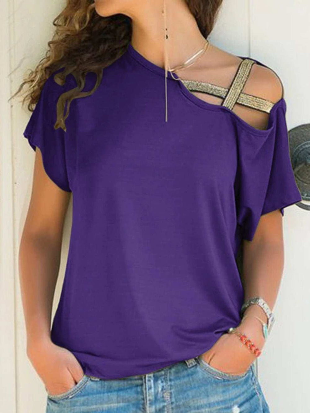 Asymmetrical Neck Short Sleeve T-Shirt - Trendsi - Flyclothing LLC