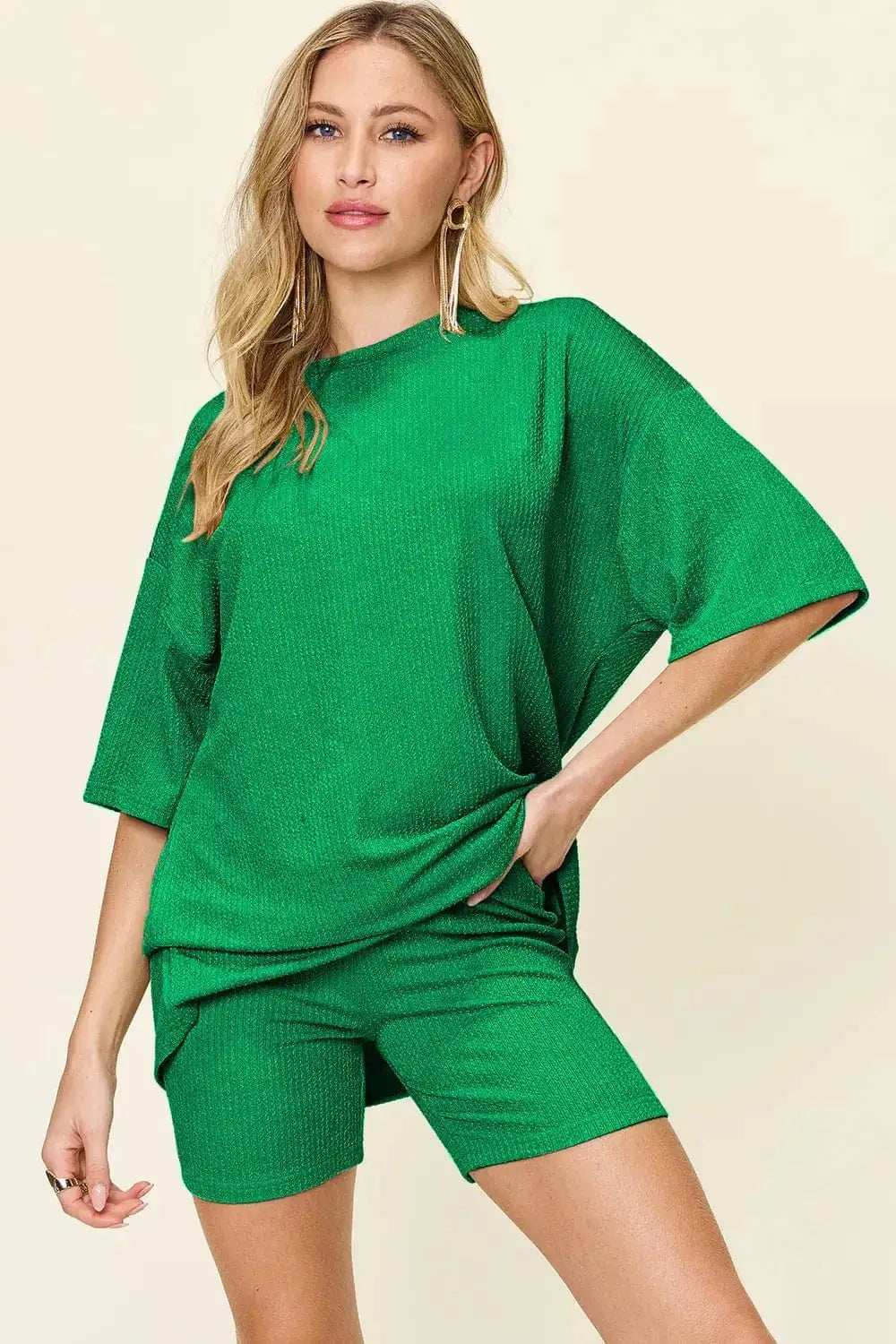 Double Take Full Size Texture Round Neck Drop Shoulder T-Shirt and Shorts Set - Trendsi - Flyclothing LLC