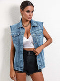Pocketed Collared Neck Sleeveless Denim Top - Trendsi - Flyclothing LLC