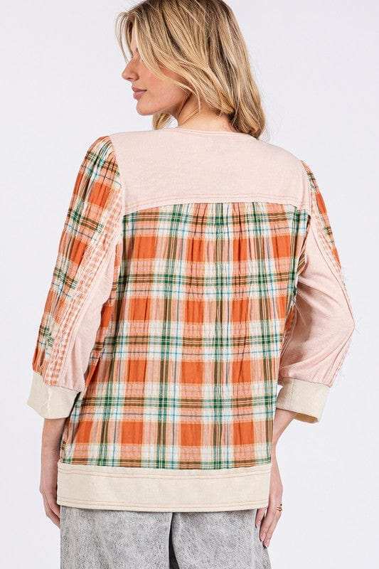 SAGE + FIG Exposed Seam Button Detail Plaid Top - Trendsi - Flyclothing LLC