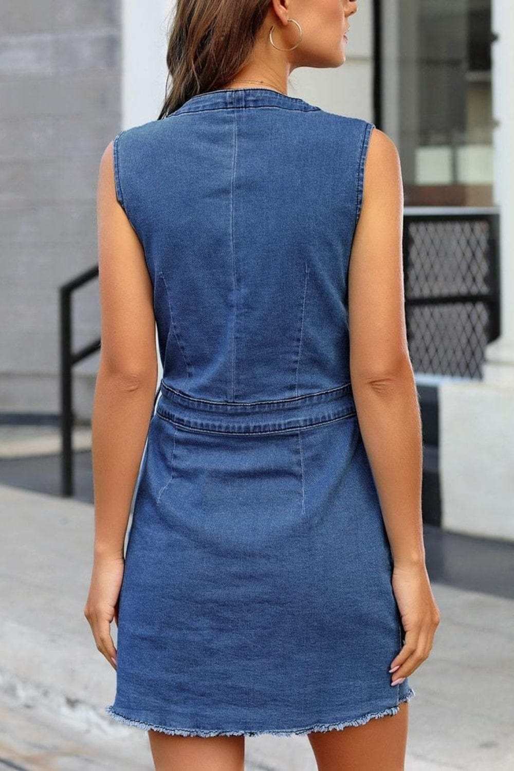Full Size Button Up V-Neck Sleeveless Denim Dress - Trendsi - Flyclothing LLC