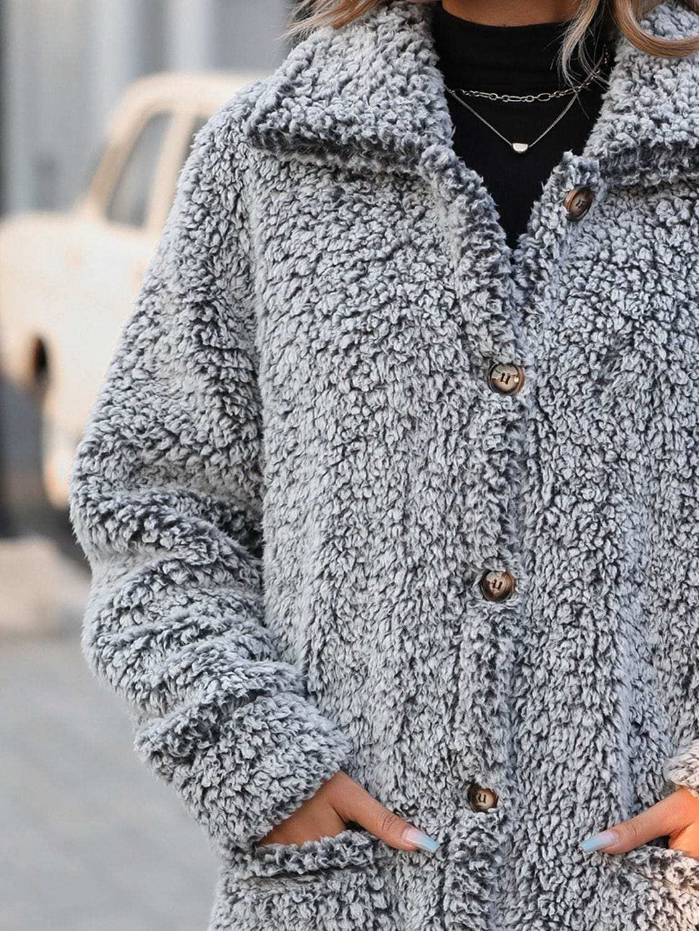 Pocketed Collared Neck Long Sleeve Plush Jacket - Trendsi - Flyclothing LLC