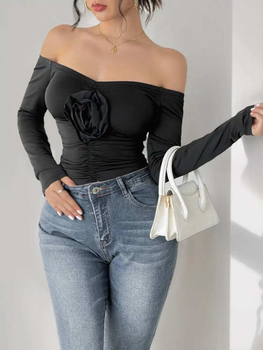 Perfee Ruched Flower Off-Shoulder Long Sleeve Bodysuit - Trendsi - Flyclothing LLC
