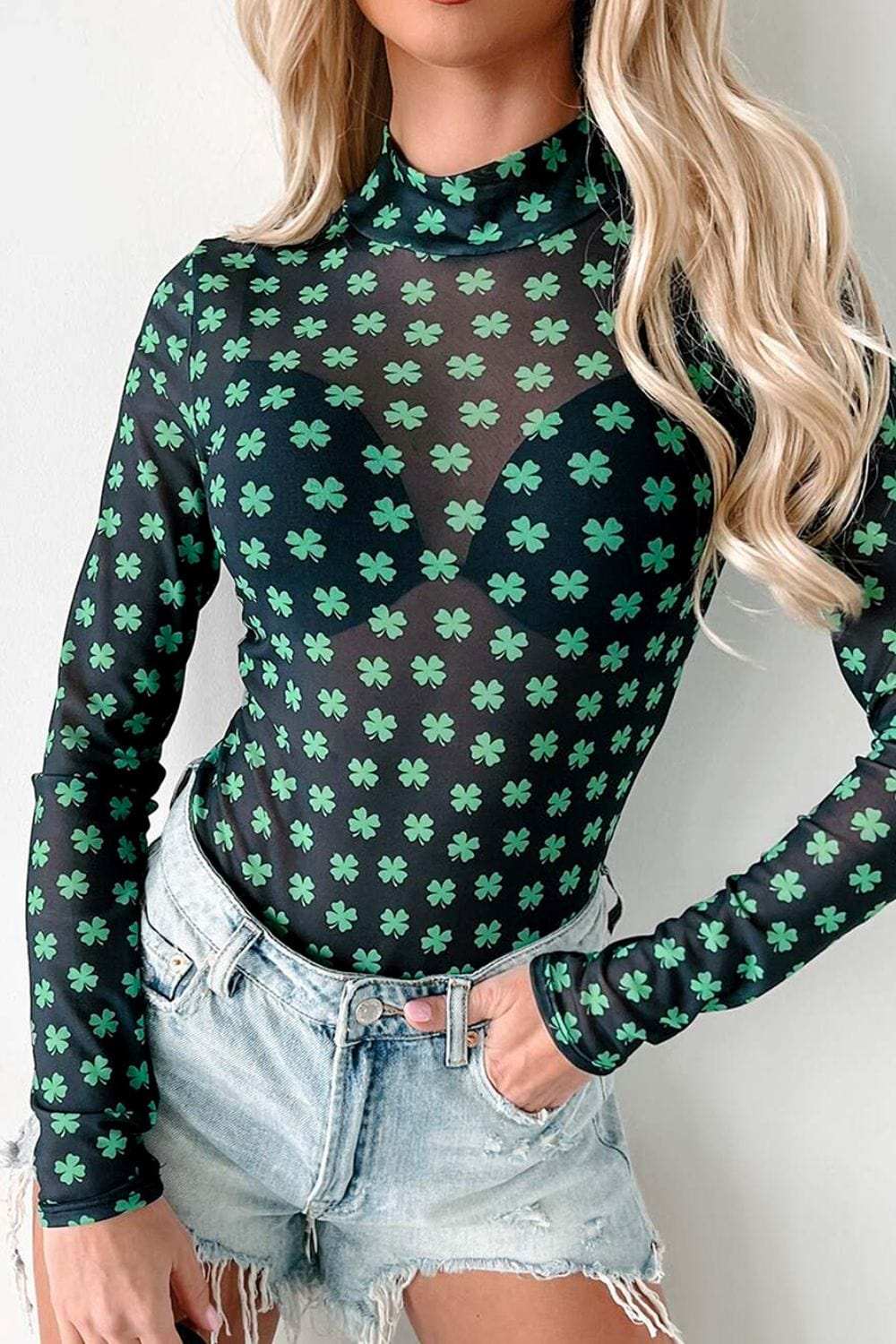Lucky Clover Mock Neck Long Sleeve Bodysuit - Trendsi - Flyclothing LLC