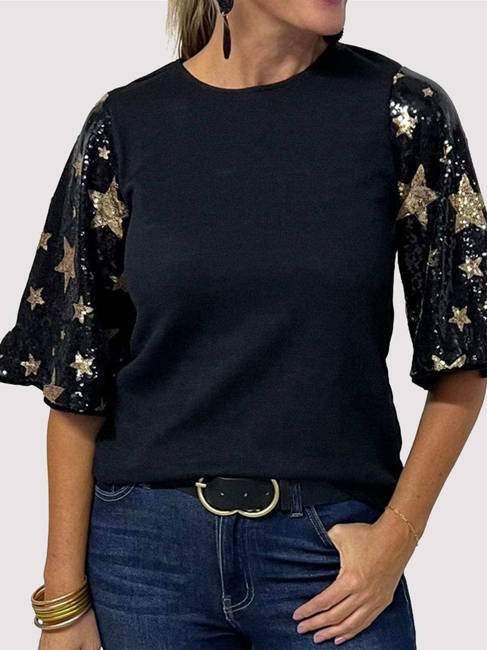 Sequin Round Neck Half Sleeve Blouse - Trendsi - Flyclothing LLC