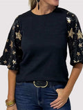 Sequin Round Neck Half Sleeve Blouse - Trendsi - Flyclothing LLC