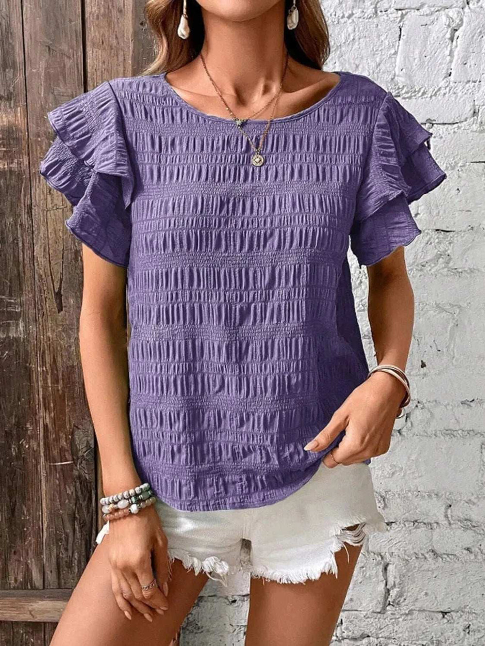 Round Neck Ruffled Short Sleeve Top - Trendsi - Flyclothing LLC