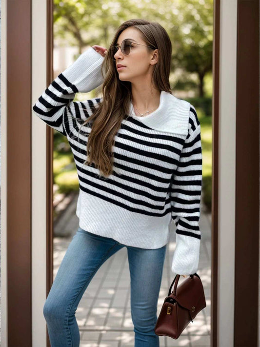 Striped Collared Neck Long Sleeve Sweater - Trendsi - Flyclothing LLC