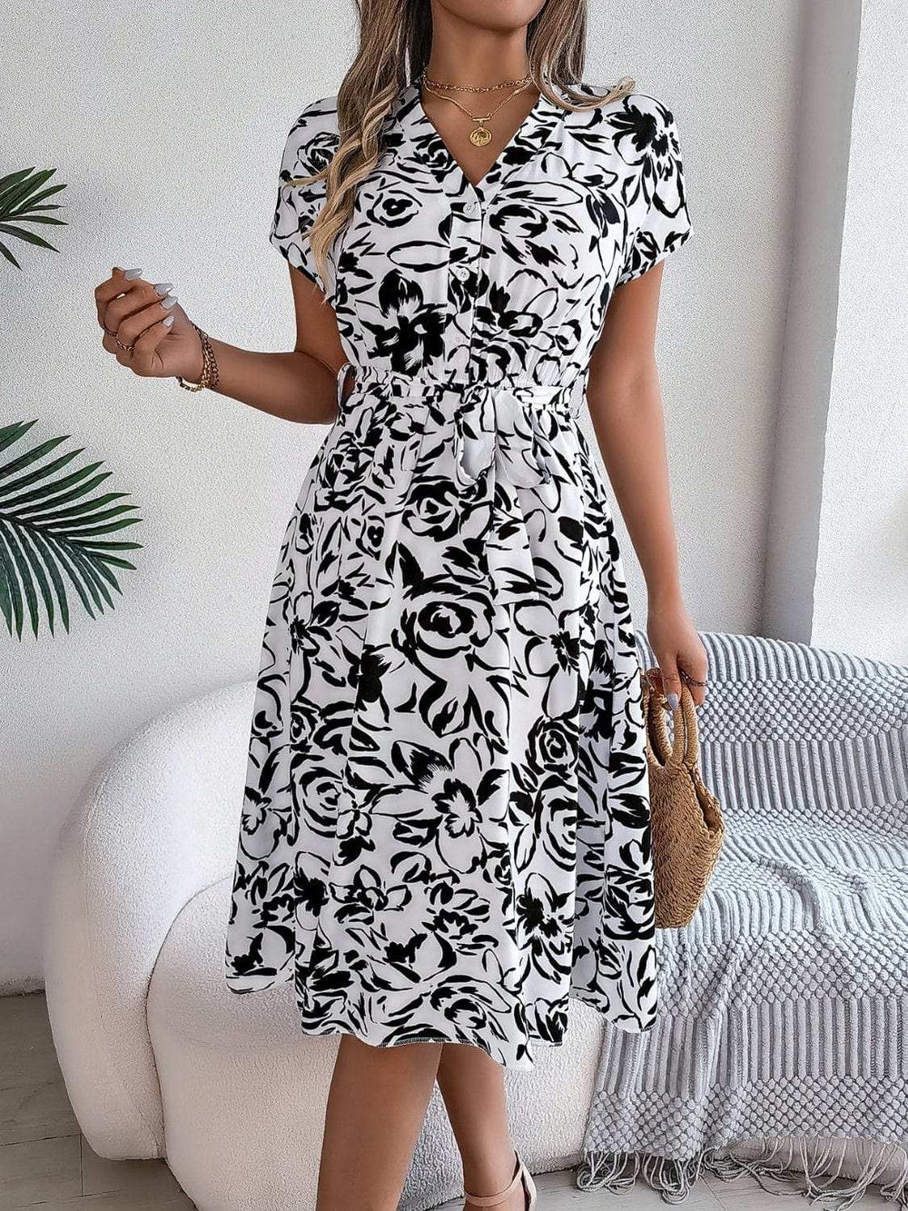 Printed V-Neck Short Sleeve Dress - Trendsi - Flyclothing LLC