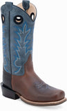 Old West Burnt Brown Foot with Printed Black Counter Milled Crunchy Blue Shaft Youth's Medium Square Toe Boots - Old West - Flyclothing LLC