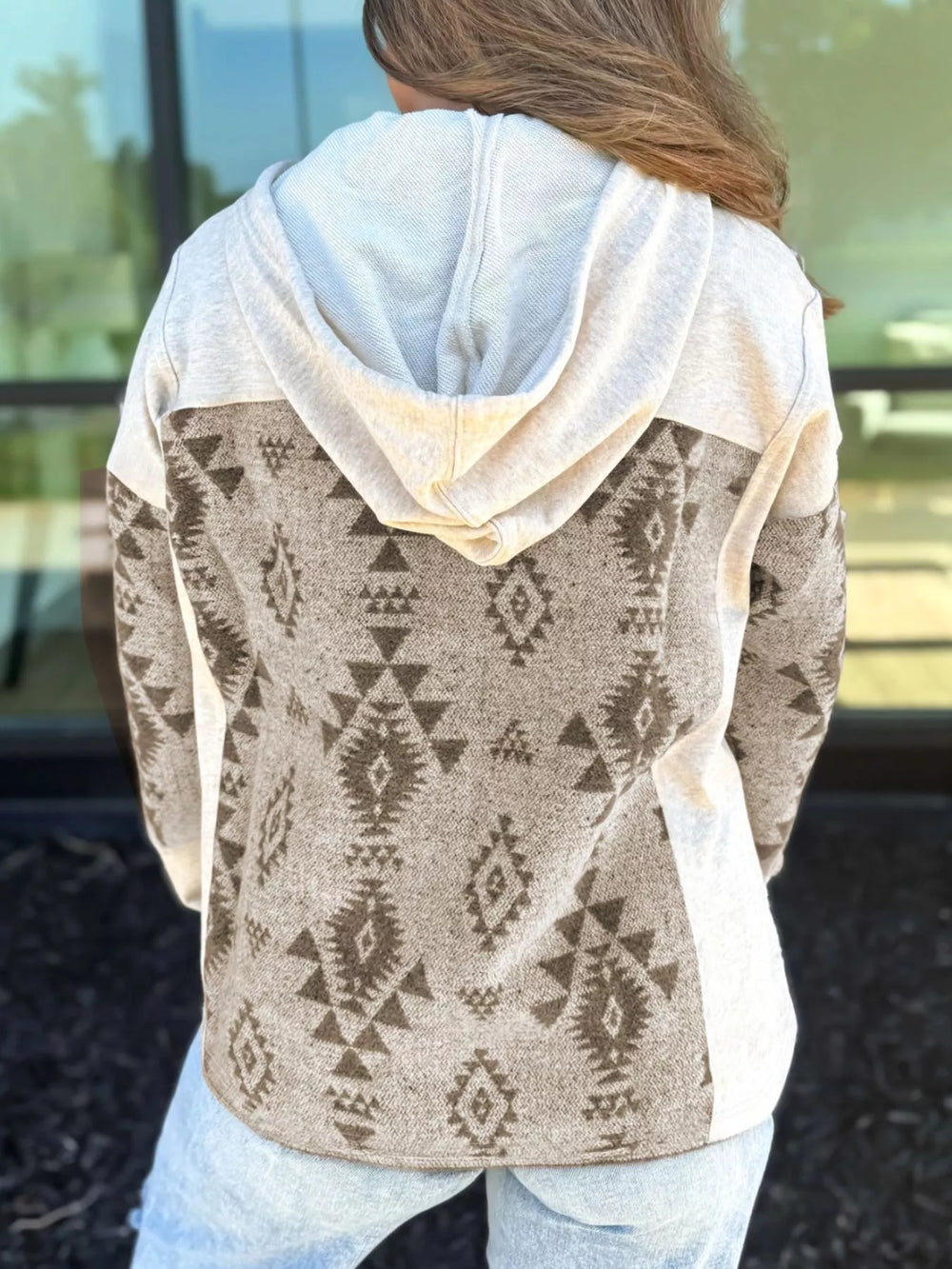 Western Aztec Print Color Block Patchwork Drawstring Hooded Shacket - Trendsi - Flyclothing LLC