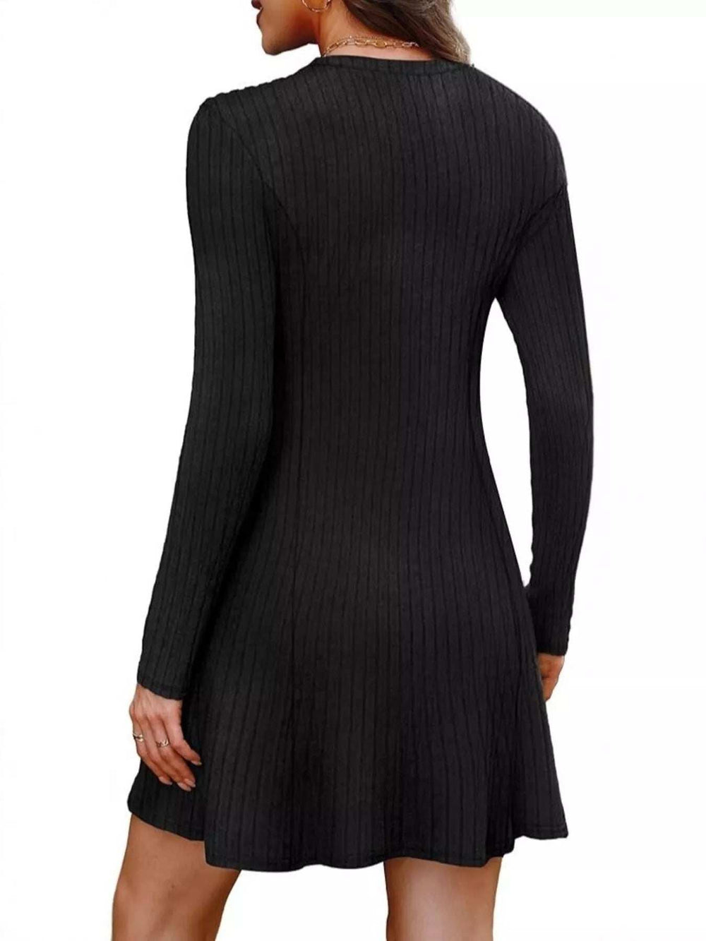 Ribbed Knit Long Sleeve A-Line Dress - Trendsi - Flyclothing LLC