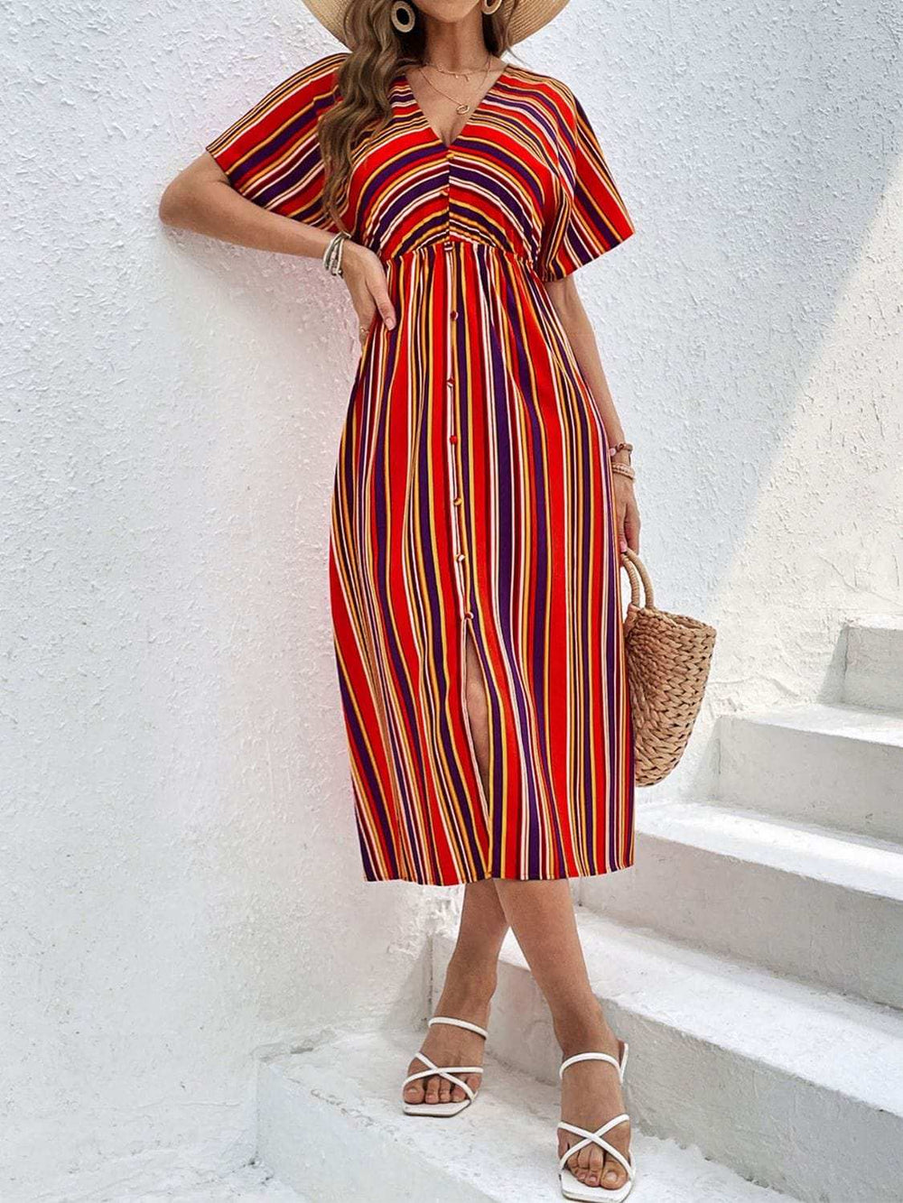 Slit Striped V-Neck Short Sleeve Midi Dress - Trendsi - Flyclothing LLC