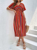 Slit Striped V-Neck Short Sleeve Midi Dress - Trendsi - Flyclothing LLC