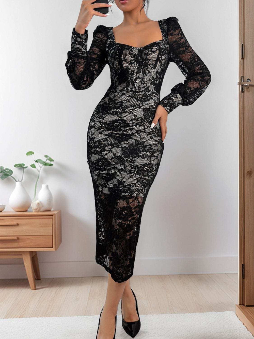 Perfee Lace Sweetheart Neck Long Sleeve Midi Dress - Trendsi - Flyclothing LLC