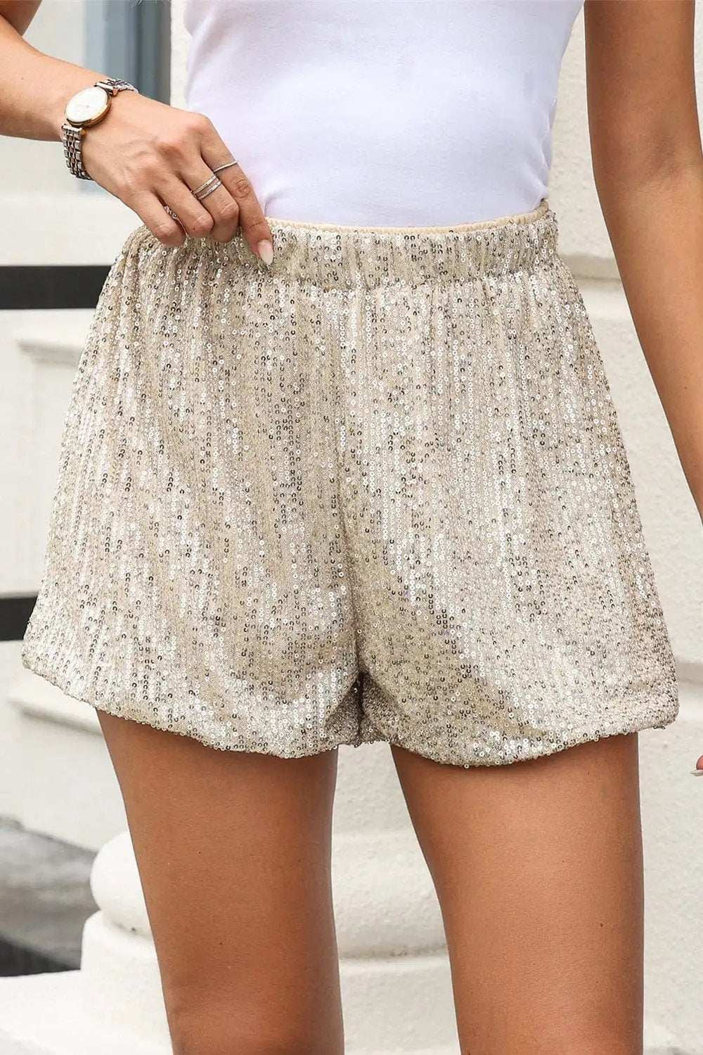 Sequin Elastic Waist Shorts - Trendsi - Flyclothing LLC