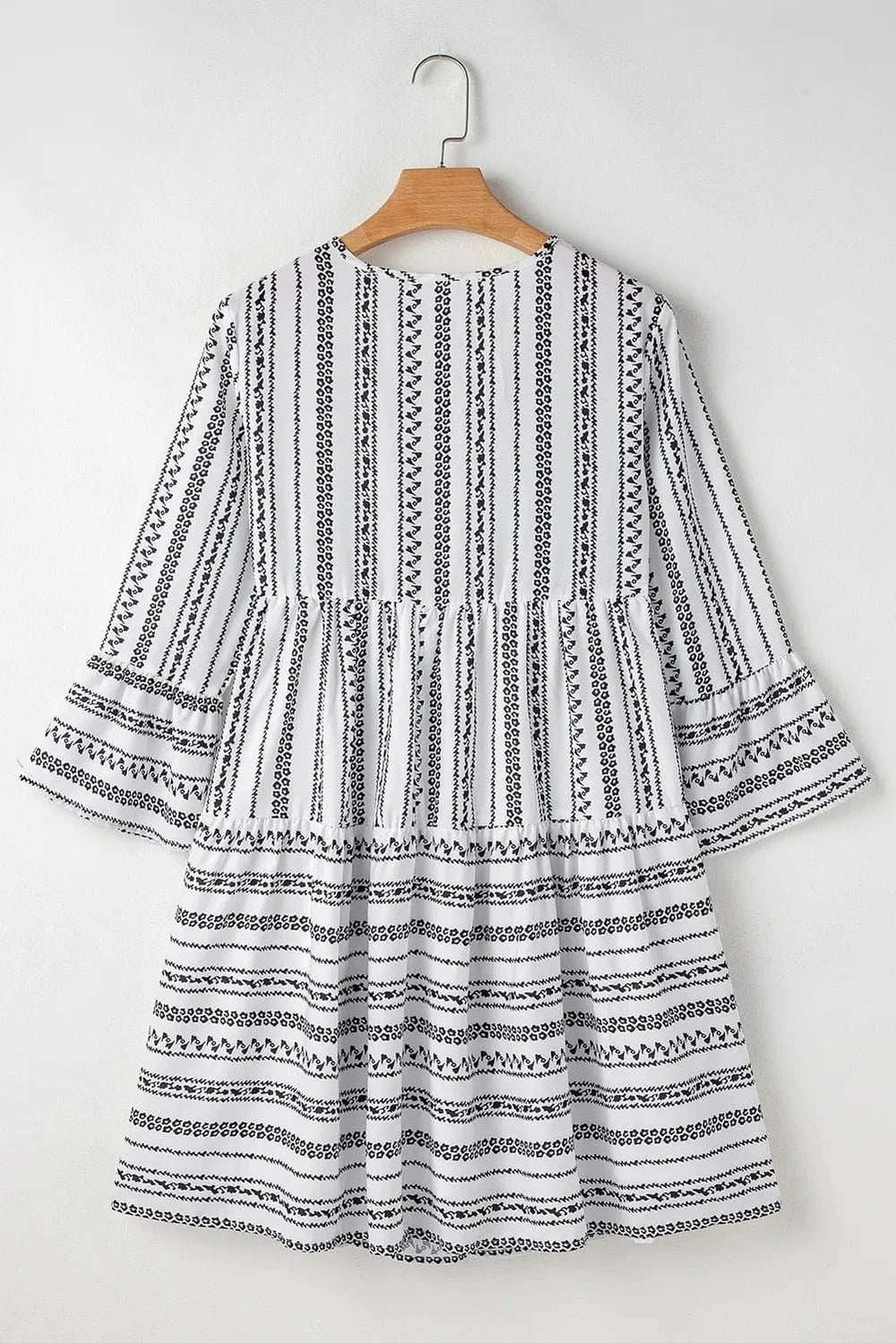 Printed Tie Neck Three-Quarter Sleeve Mini Dress - Trendsi - Flyclothing LLC