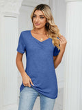 Ruched V-Neck Short Sleeve T-Shirt - Trendsi - Flyclothing LLC