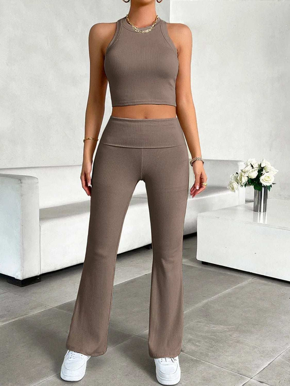 Ribbed Round Neck Tank and Pants Set - Trendsi - Flyclothing LLC