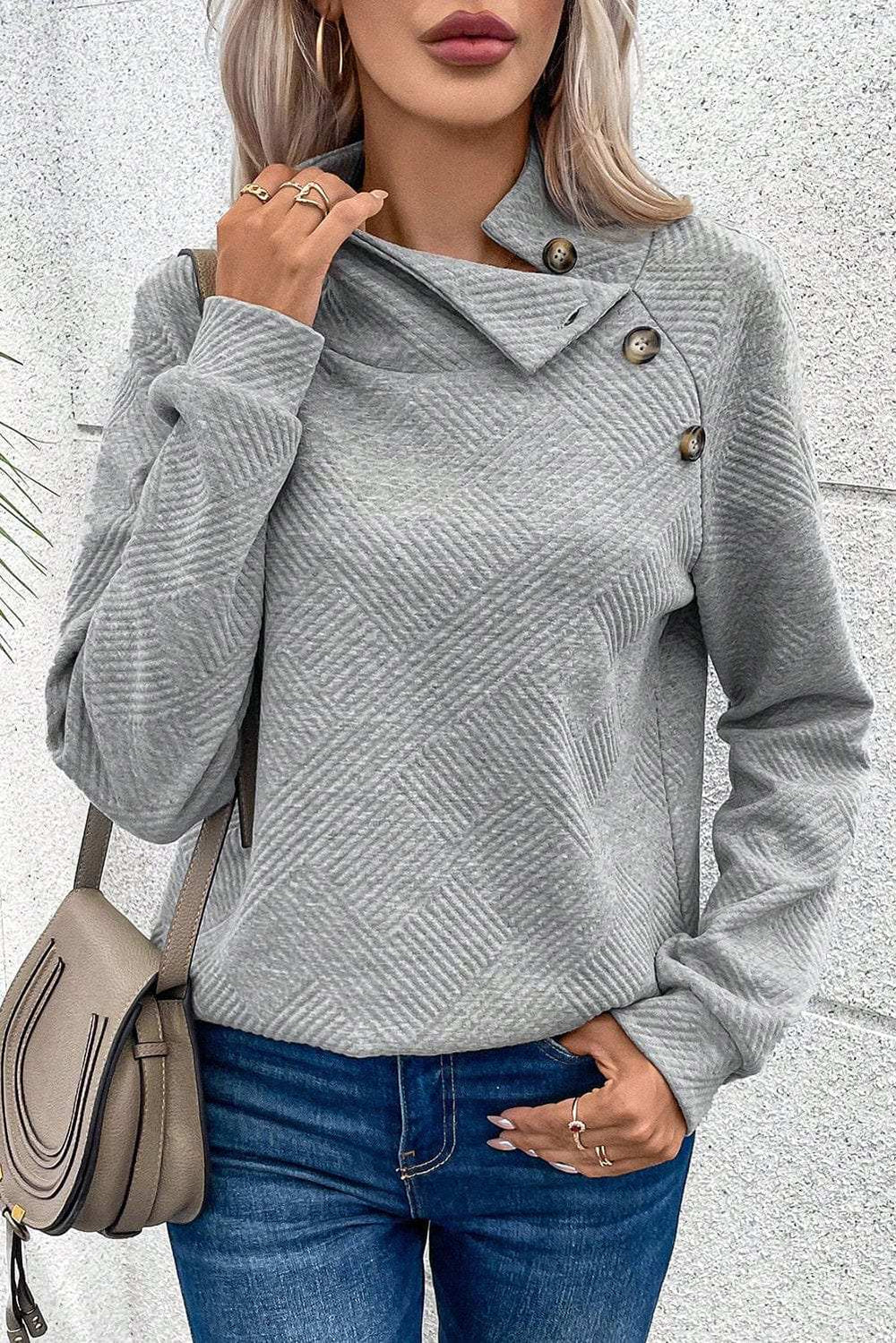 Textured Turtleneck Long Sleeve Sweatshirt - Trendsi - Flyclothing LLC