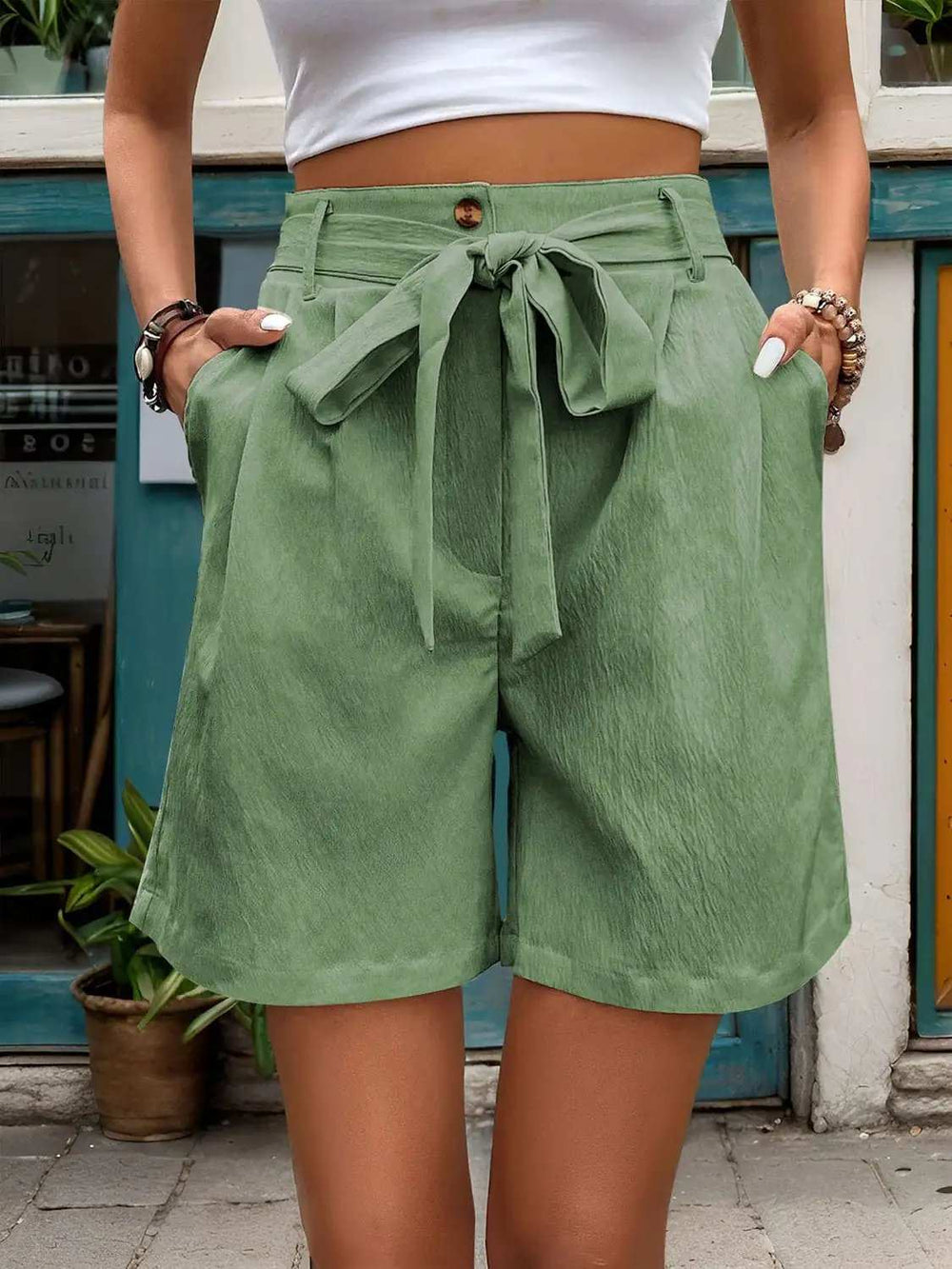 Tied High Waist Shorts with Pockets - Trendsi - Flyclothing LLC