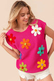 BiBi Flower Round Neck Cap Sleeve Knit Top - Trendsi - Flyclothing LLC
