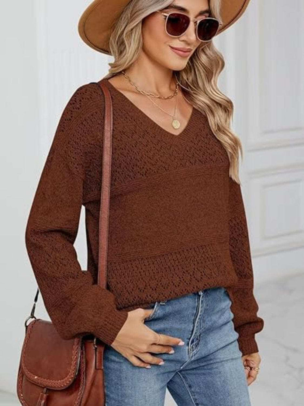 Eyelet V-Neck Long Sleeve Sweater - Trendsi - Flyclothing LLC