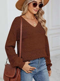Eyelet V-Neck Long Sleeve Sweater - Trendsi - Flyclothing LLC