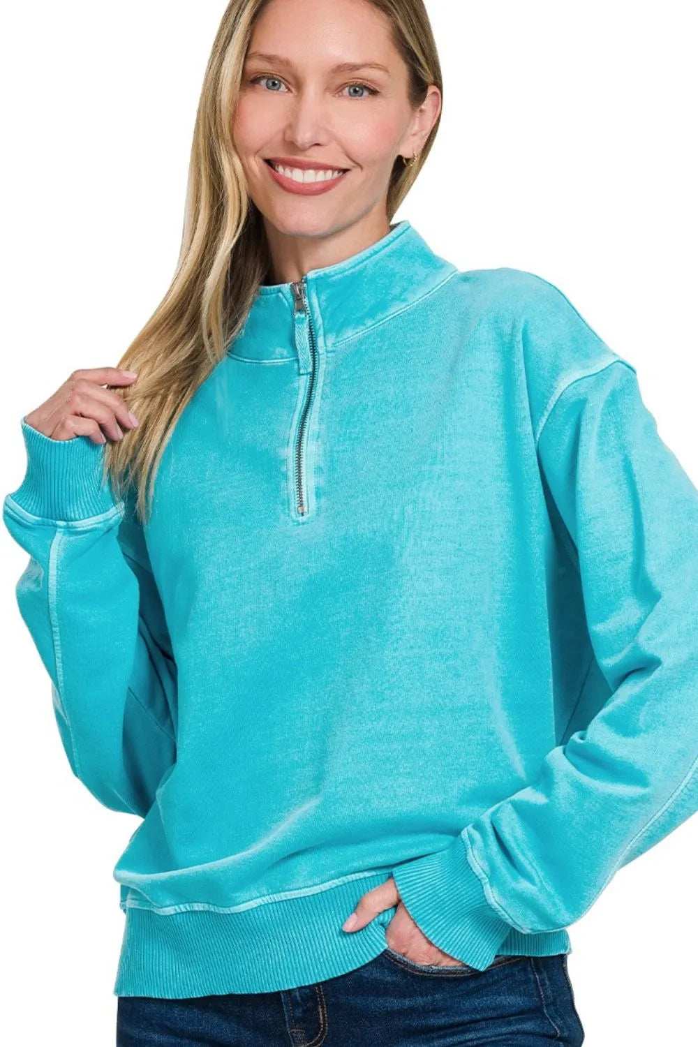 Zenana F/terry Pigment Dye & Enzyme Washing Half Zip Top - Trendsi - Flyclothing LLC