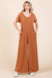 BOMBOM Ribbed Short Sleeve Wide Leg Jumpsuit - Trendsi - Flyclothing LLC