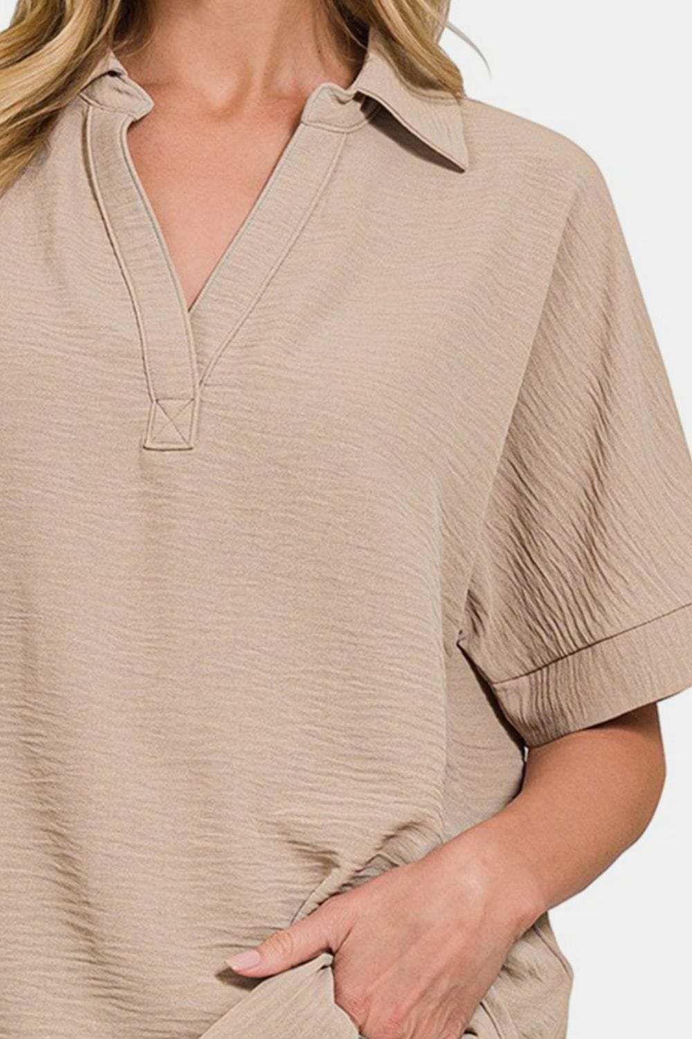 Zenana Texture Collared Neck Short Sleeve Top - Trendsi - Flyclothing LLC
