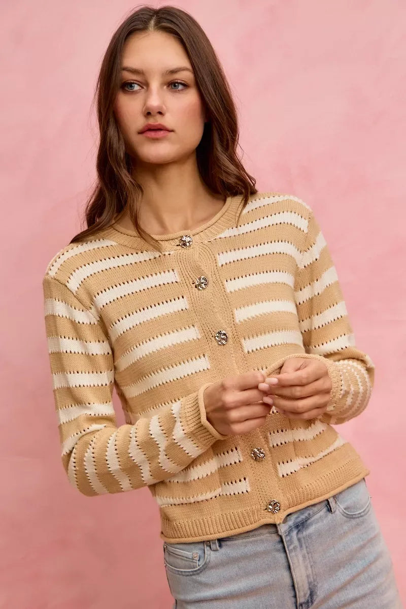 SO ME Stripe Long Sleeves Button Sweater Cardigan - Trendsi - Flyclothing LLC