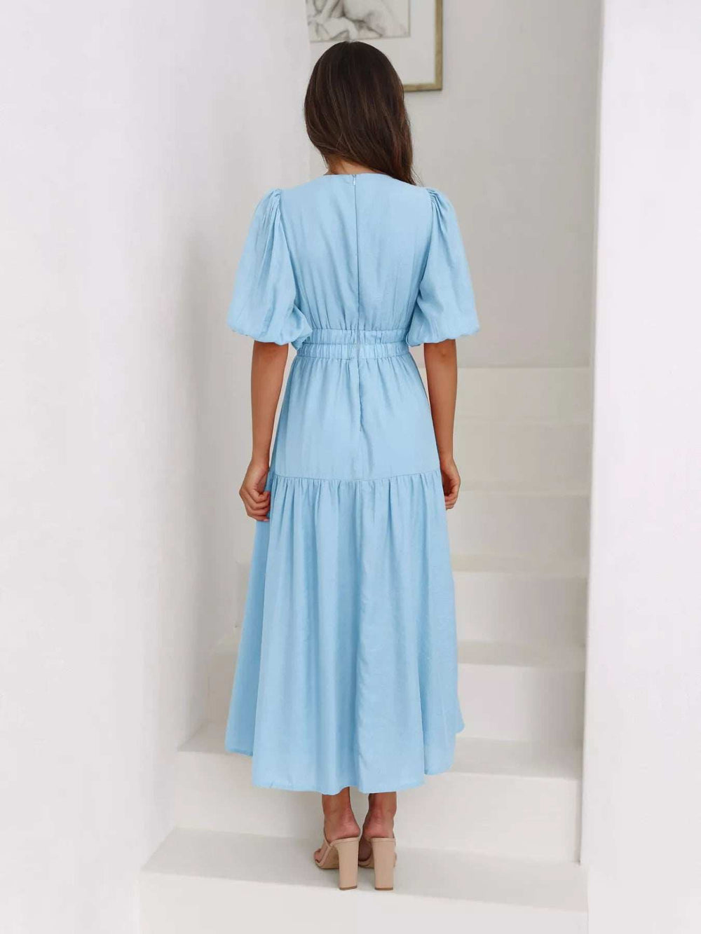 Tiered Puff Sleeve Midi Dress - Trendsi - Flyclothing LLC