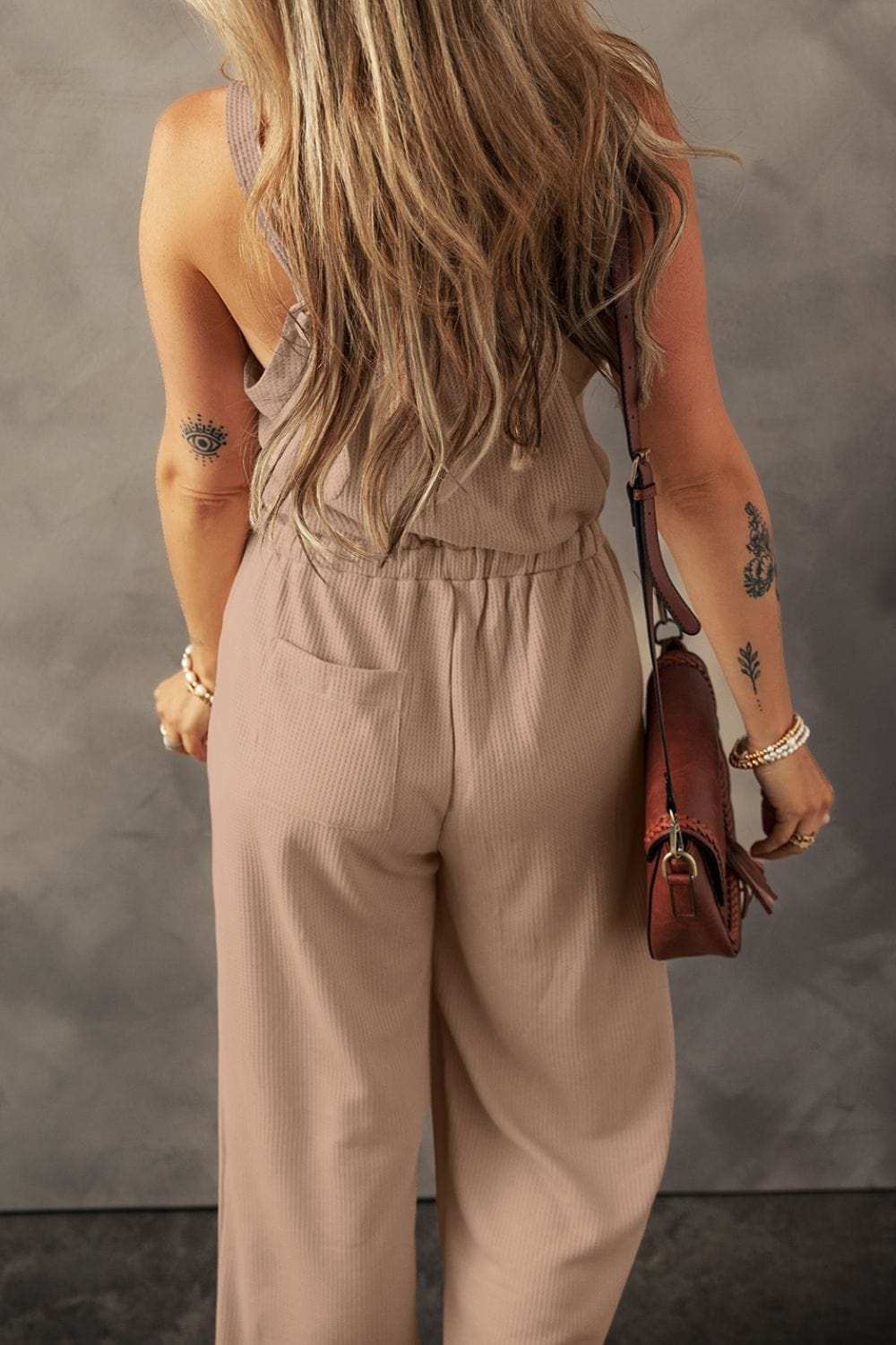 Knotted Straps Button Textured Drawstring Jumpsuit - Trendsi - Flyclothing LLC