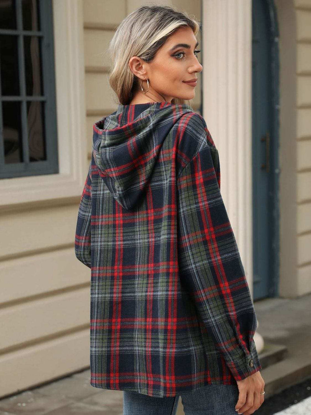 Drawstring Plaid Hooded Long Sleeve Top - Trendsi - Flyclothing LLC