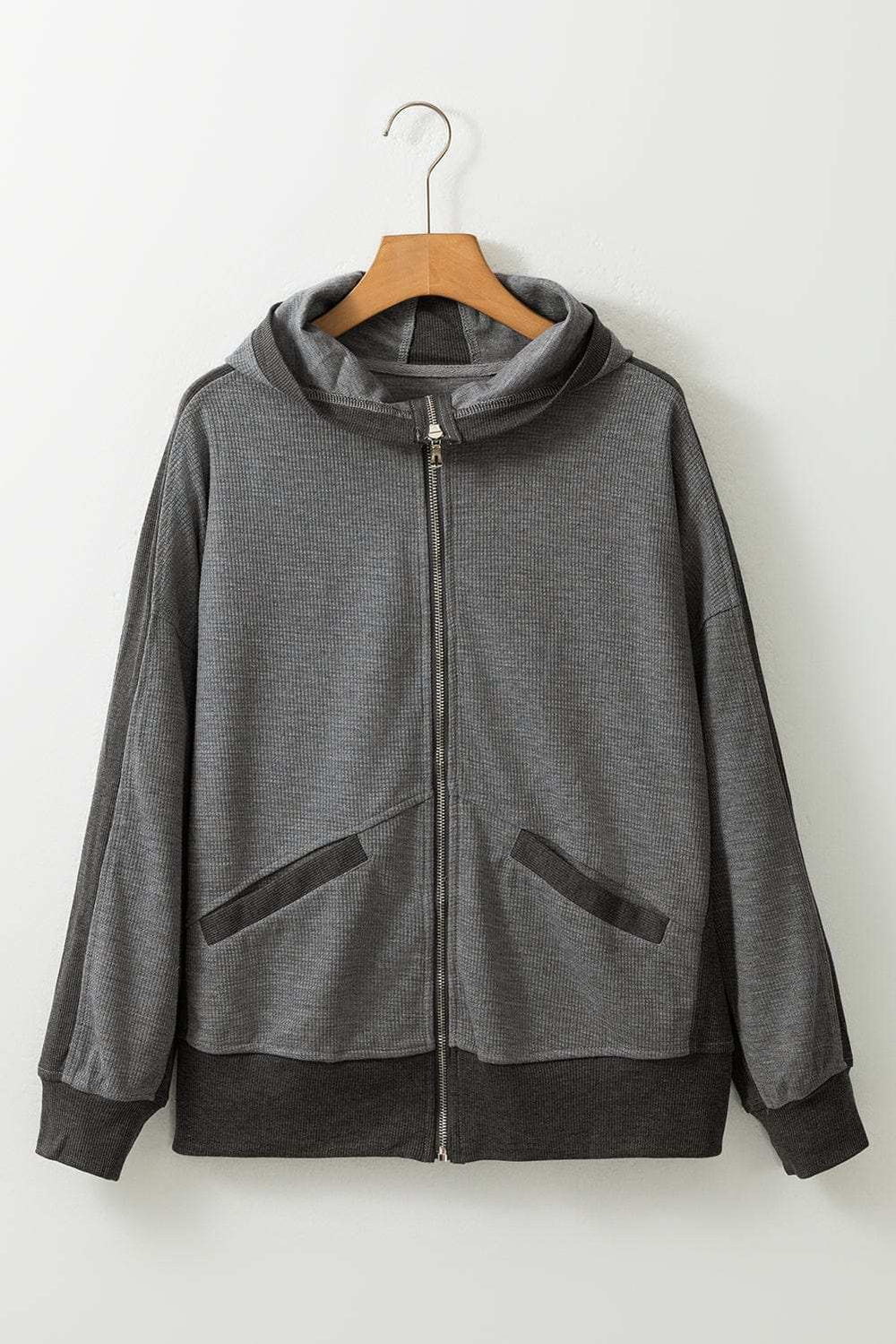 Waffle-Knit Pocketed Zip Up Hooded Jacket - Trendsi - Flyclothing LLC