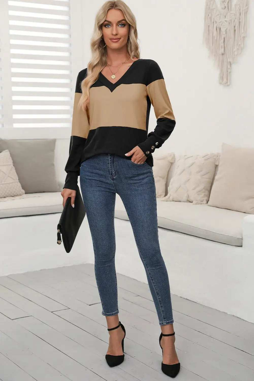 Color Block V-Neck Long Sleeve Top - Trendsi - Flyclothing LLC