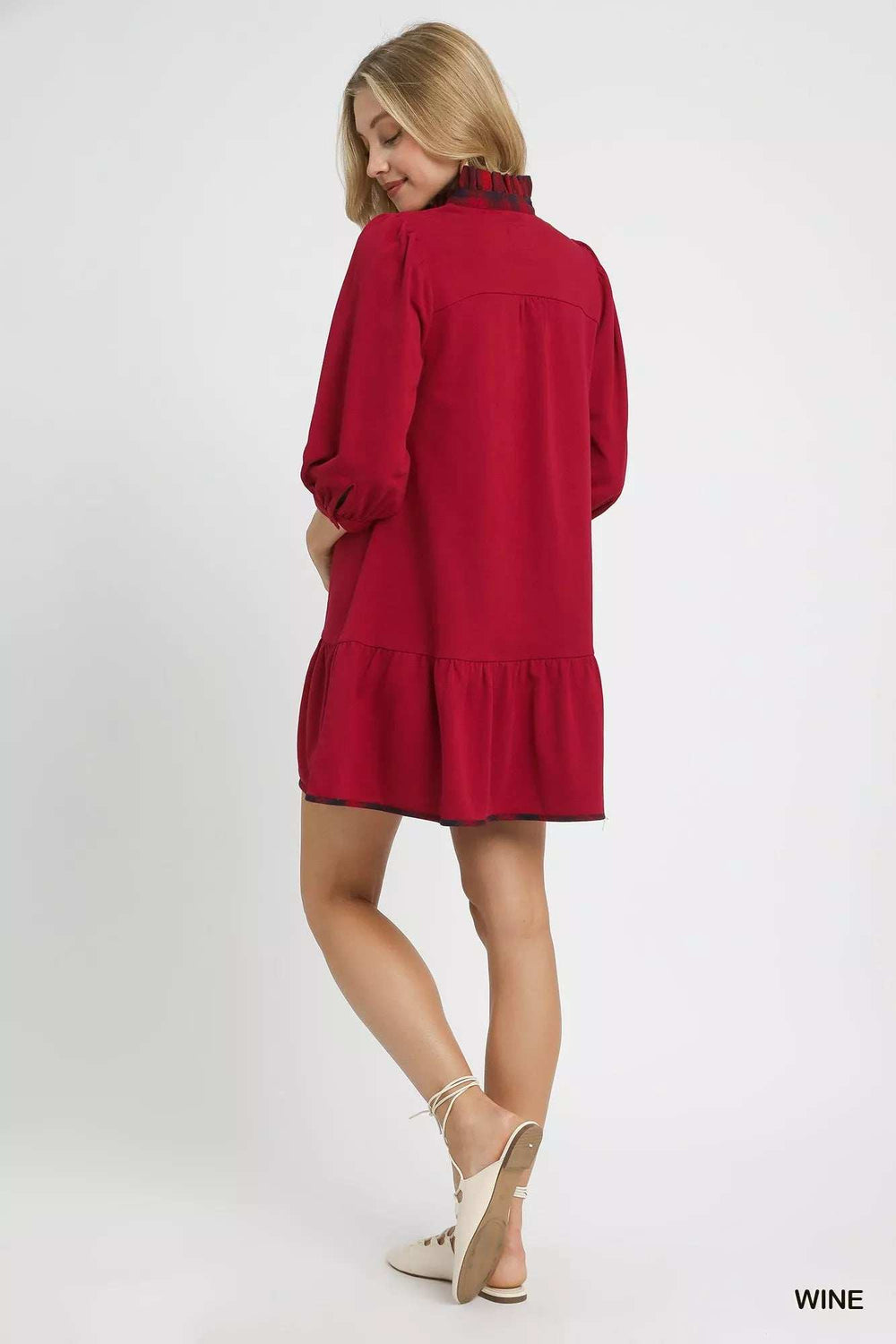 Umgee French Terry Ruffle Hem Dress with Plaid Trim - Trendsi - Flyclothing LLC