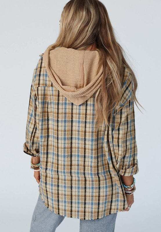 Drawstring Waffle Knit Patchwork Hooded Plaid Shacket - Trendsi - Flyclothing LLC