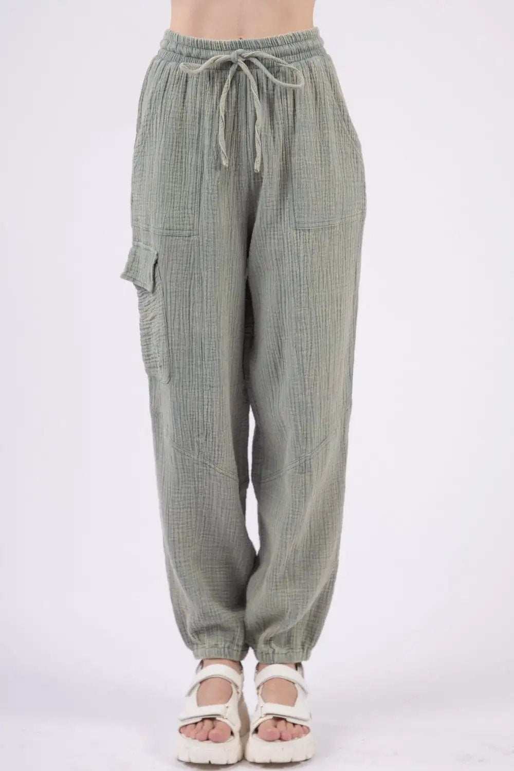 VERY J Washed Woven Crinkle Gauze Drawstring Pants - Trendsi - Flyclothing LLC