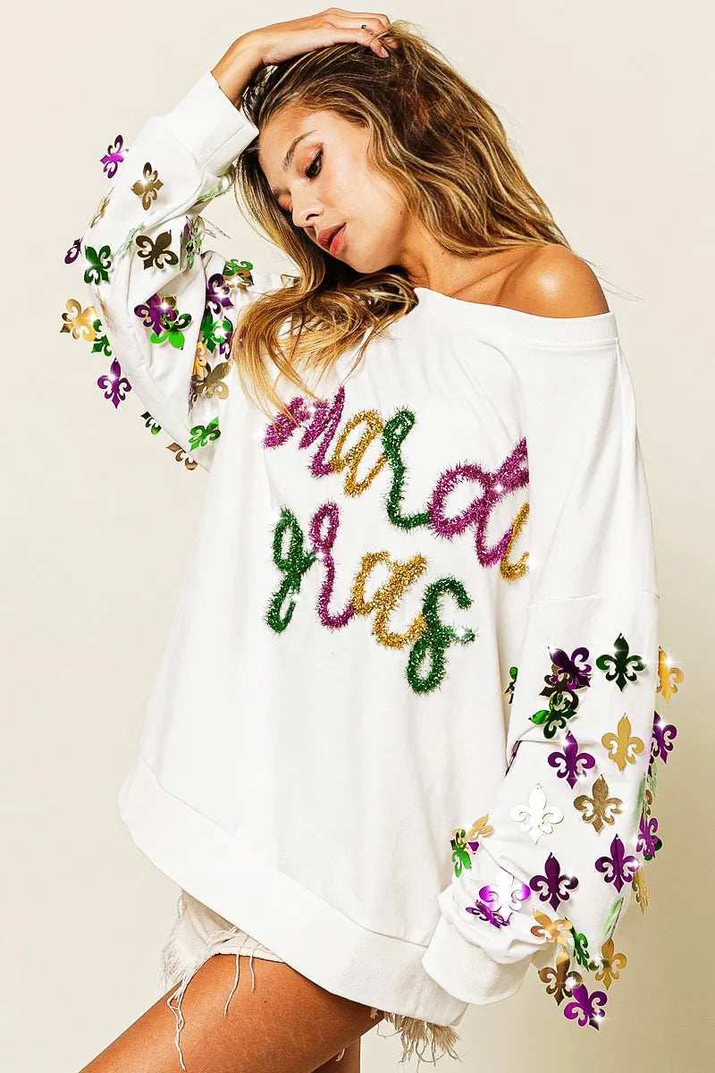 BiBi Fleur De Lis Sleeve Mardi Gras Pullover - Trendsi - Flyclothing LLC