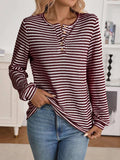 Striped Button Detail Long Sleeve Top - Trendsi - Flyclothing LLC
