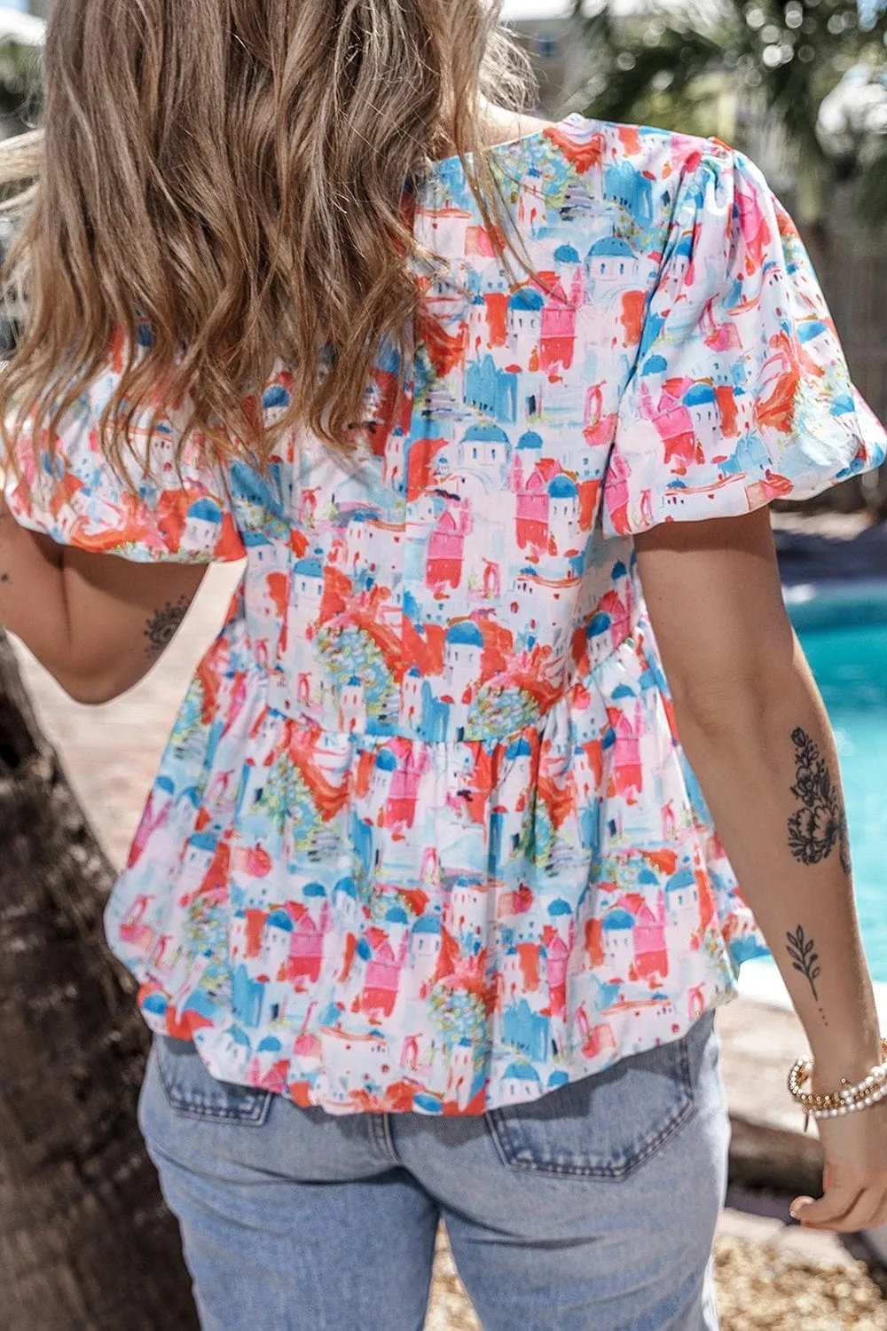 Printed Round Neck Puff Sleeve Blouse - Trendsi - Flyclothing LLC
