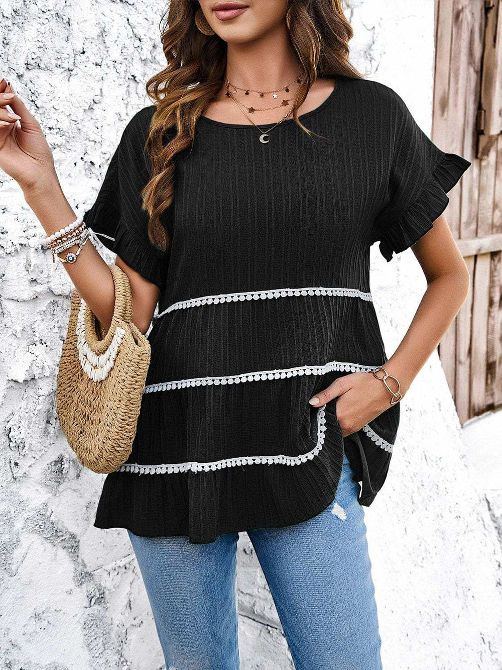 Round Neck Flounce Sleeve Blouse - Trendsi - Flyclothing LLC