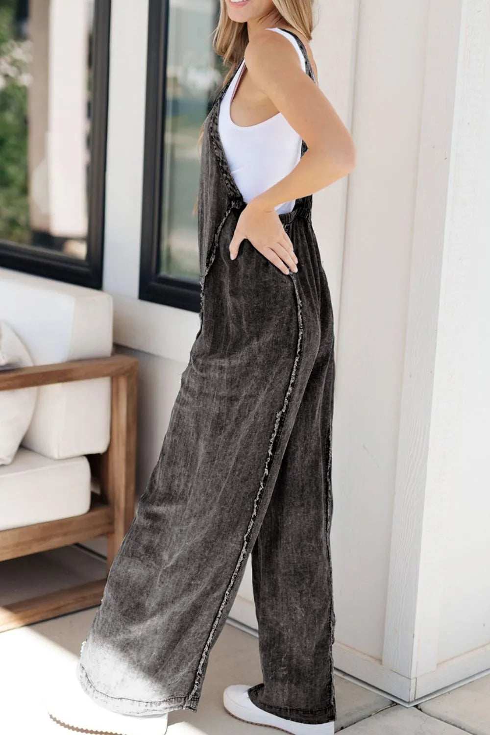 Frayed Exposed Seam Wide Leg Denim Overalls - Trendsi - Flyclothing LLC