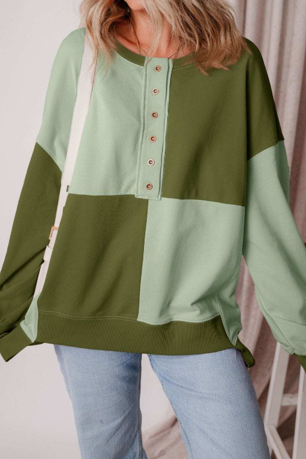 Color Block Half Button Long Sleeve Sweatshirt - Trendsi - Flyclothing LLC
